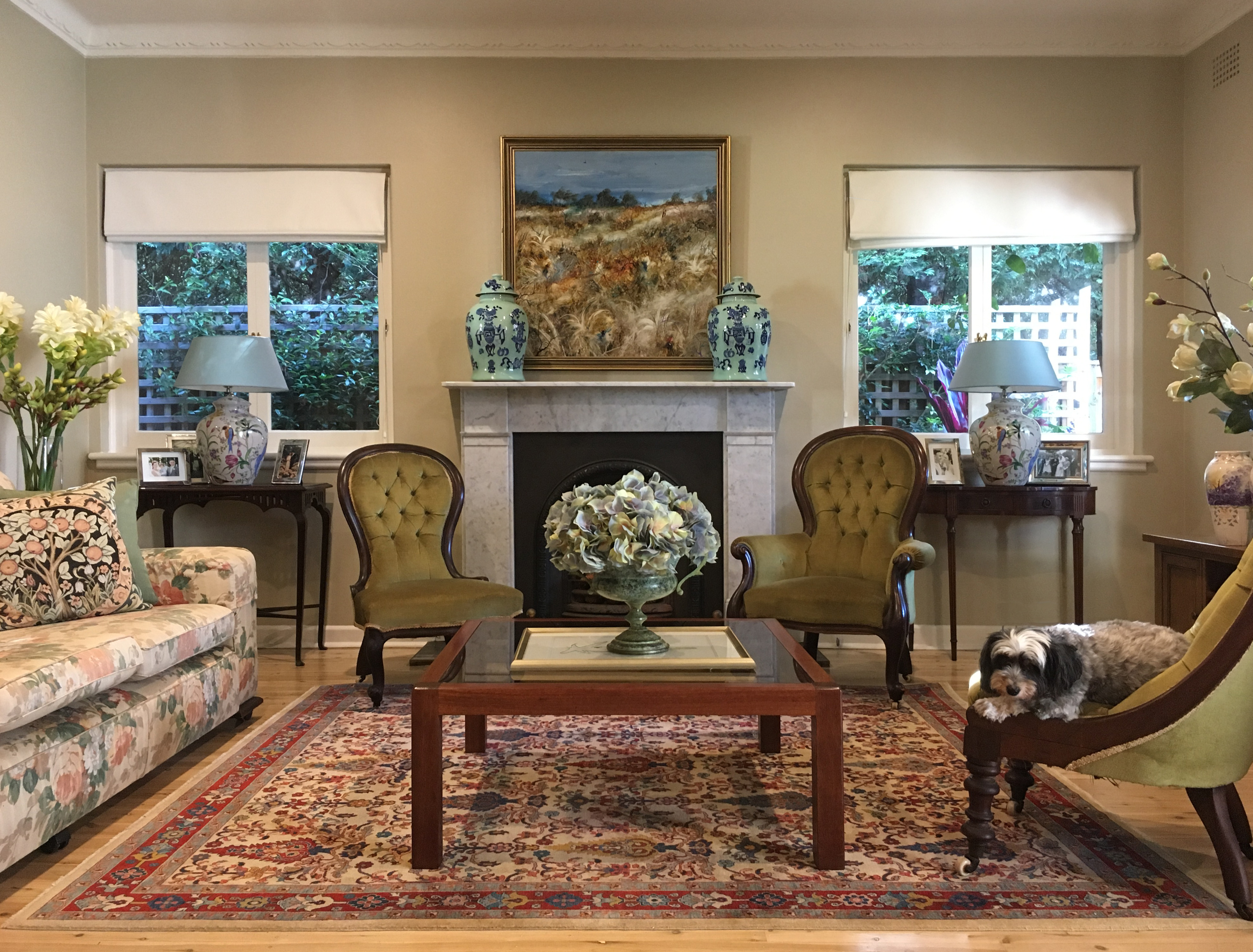 hunters hill antique english australian american georgian victorian colonial persian rug cadrys elegan sitting room roman blinds porcelain lamps xavier hinde interiors interior design