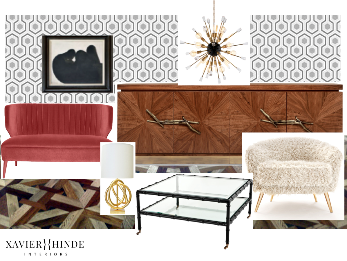 elizabeth bay art deco apartment kelly wearstler eichholtz parquetry wallpaper munni sputnik light sydney australia xavier hinde interiors interior design black bamboo coffee table contemporrary vintage