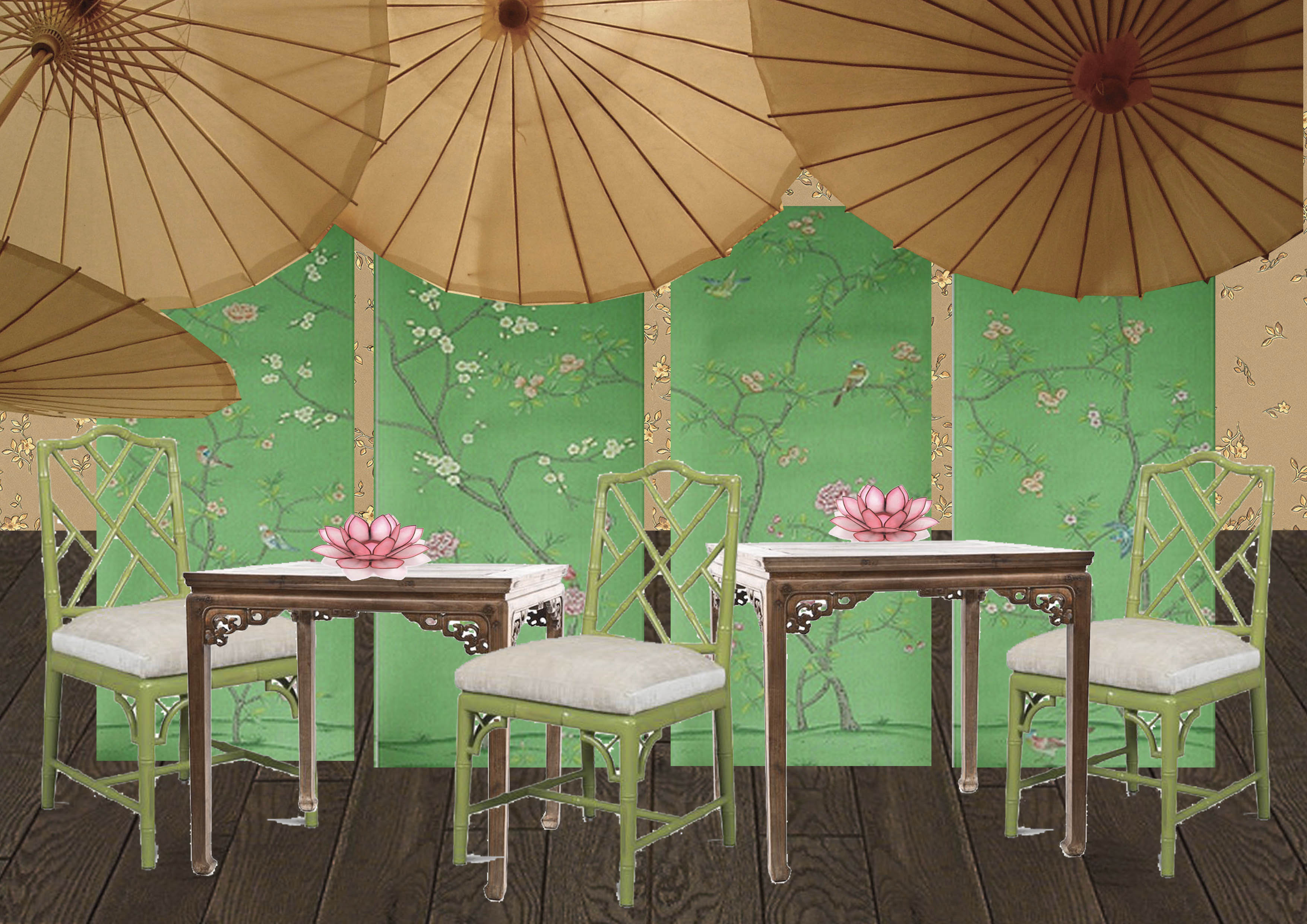 chinese restaurant chinoiserie takeaway mood board inspiration green silk screen bamboo chair eurowalls gold wallpaper paper umbrella pink lantern xavier hinde interiors interior design