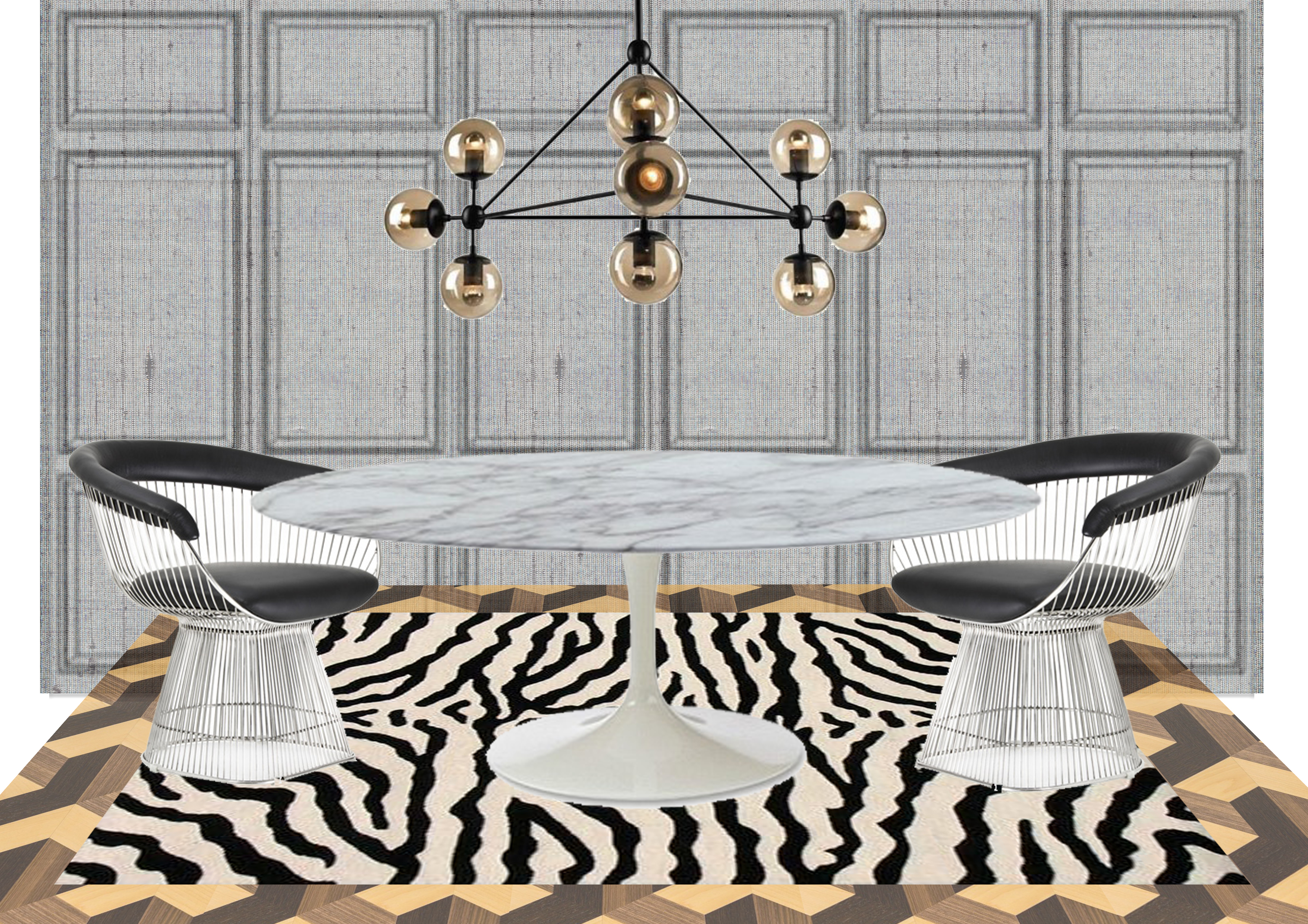 milsons point apartment zebra rug designer rugs roll and hill modo chandelier light saarinen marble tulip table platner chair parquetry floor panelled wall eurowall grey textured wallpaper xavier hinde interiors interior deisgn sydney australia glamour luxe luxury